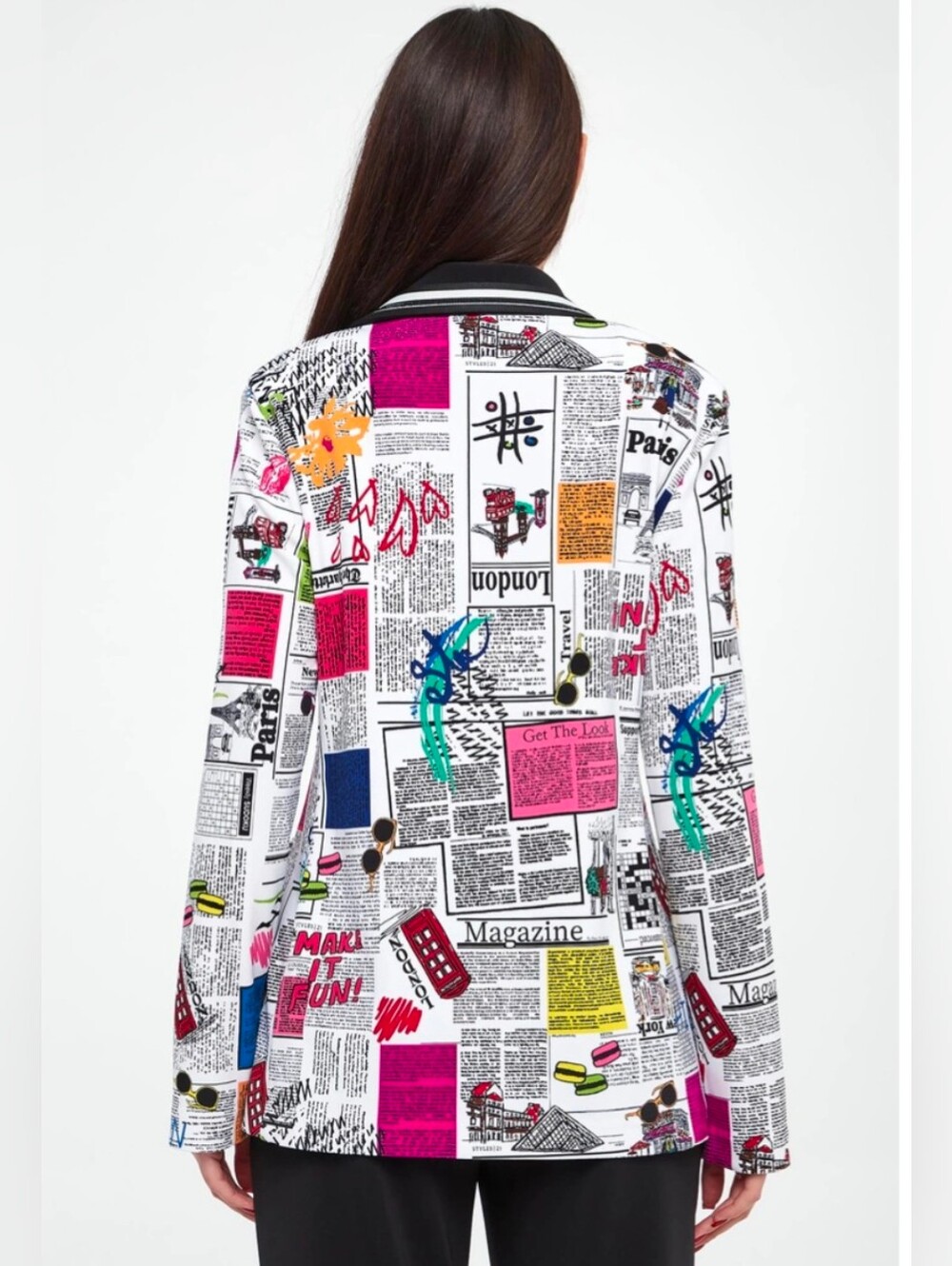 Joseph Ribkoff Multicolor Newspaper-Print Blazer, Black Notch Collar, Size 12 - Picture 4 of 9